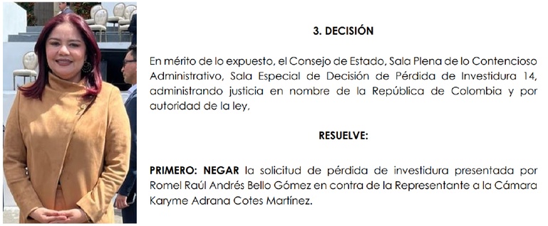 Karyme Cotes salió bien librada, Consejo de Estado negó demanda