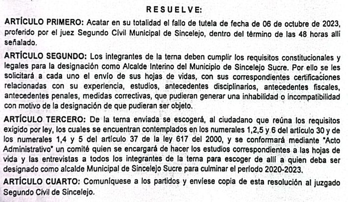 Gobernación de Sucre resolvió acatar fallo para nombrar alcalde interino de Sincelejo
