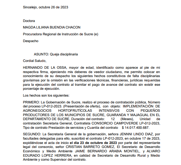 Con dos días de ejecución solicitaron 4 mil millones de pesos, queja disciplinaria contra la Gobernación de Sucre