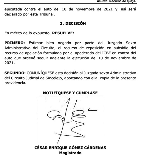 Tribunal le niega recurso de reposición al ICBF