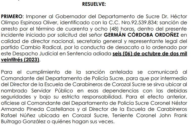 Ordenan arresto al gobernador de Sucre por incumplir con nombramiento de alcalde (i) de Sincelejo