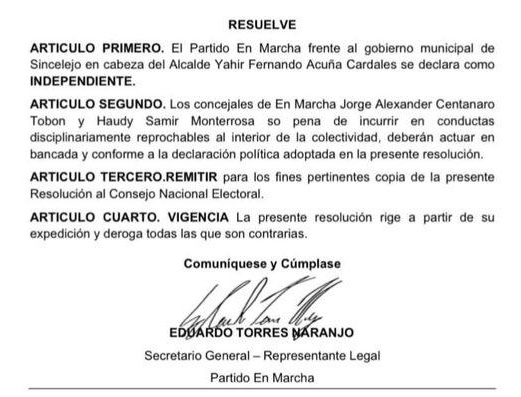 En Marcha se declara independiente al gobierno del alcalde Yahir Acuña