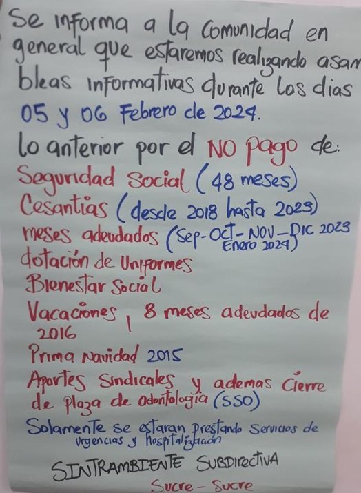 Se irían a paro en la ESE de Sucre, Sucre