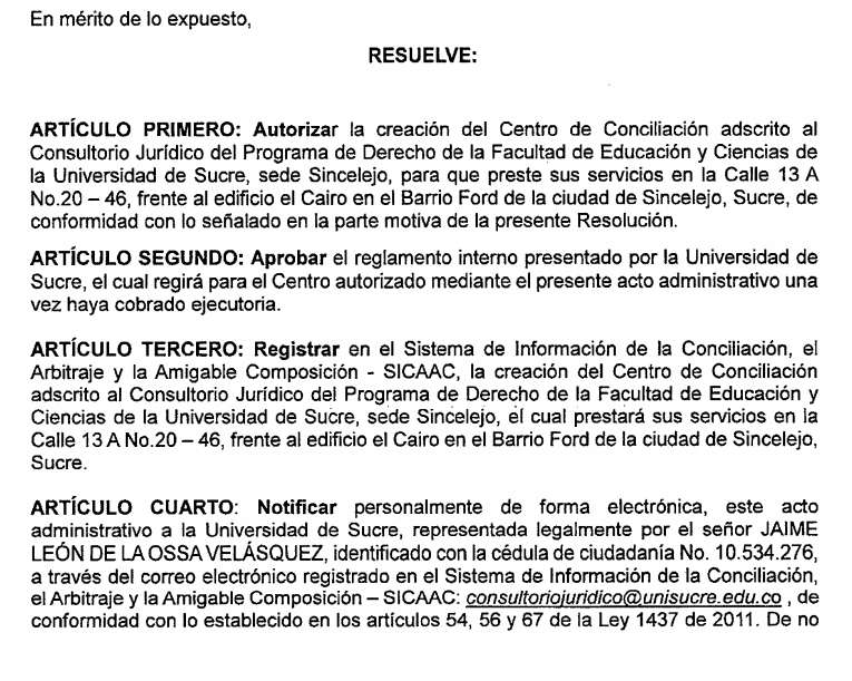 Autorizaron el Centro de Conciliación de la Universidad de Sucre