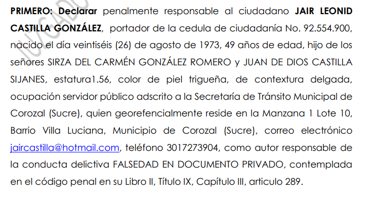 Sentido del fallo es condenatorio: Jair Castilla perdería la batalla