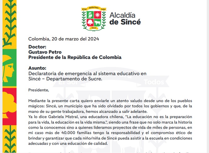 Andrés Aldana, alcalde de Sincé, solicita que se declare "emergencia educativa"