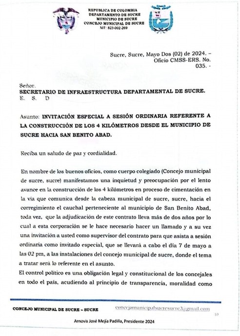 Infraestructura debe rendir un informe ante el Concejo sobre Sucre-El Cauchal