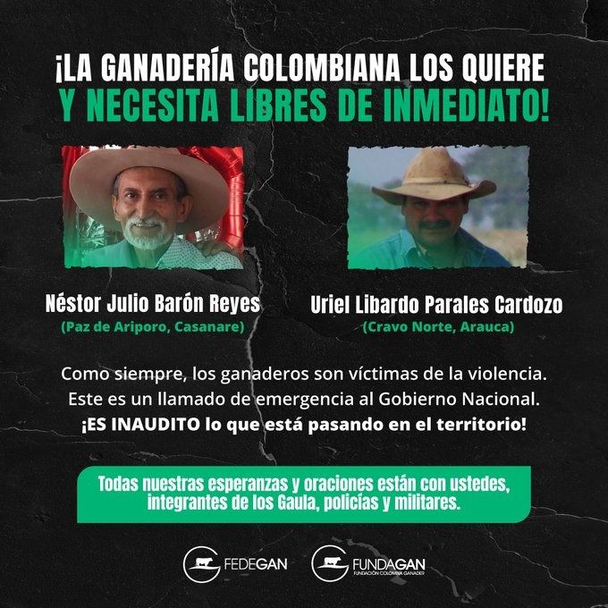 Fedegan lanza alerta por el secuestro de dos ganaderos 