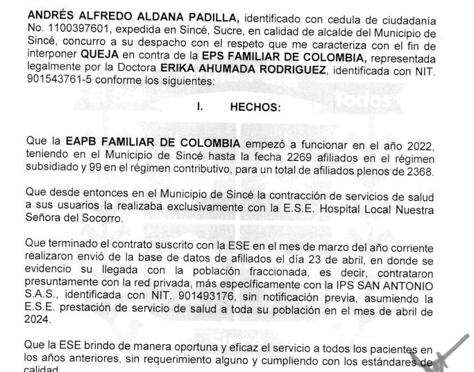 Queja contra la EPS Familiar de Colombia, estaría fraccionando usuarios en Sincé