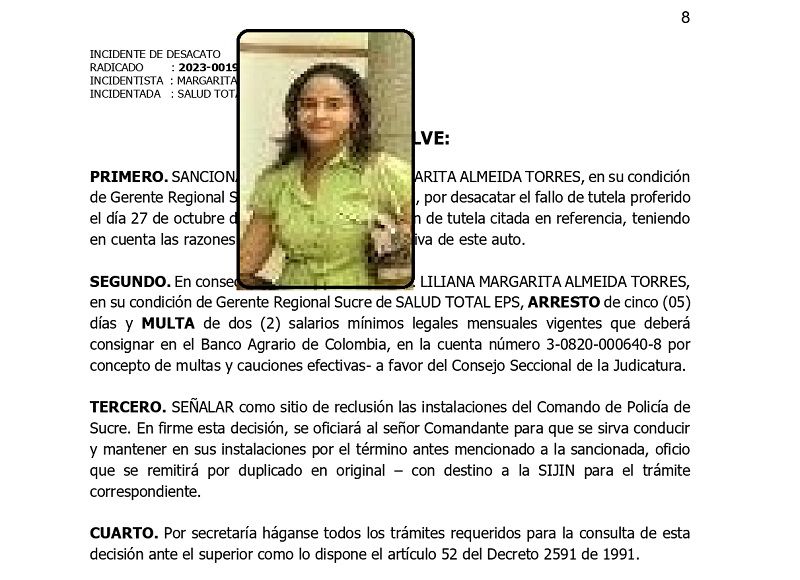 Por desacato juez ordena arresto a la gerente de Salud Total EPS