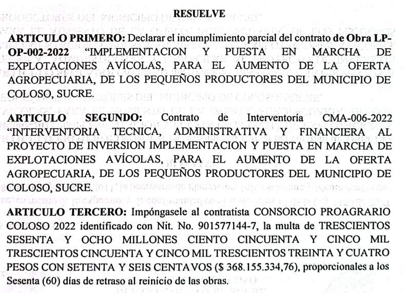 Alcalde de Colosó sanciona a contratista por incumplimientos