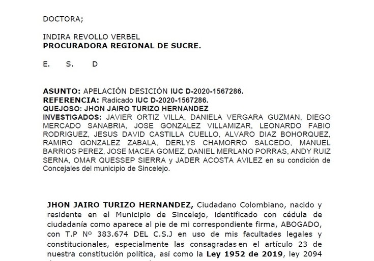Apelan decisión de la Procuraduría que favoreció a concejales y exconcejales de Sincelejo