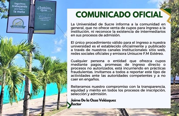 La Universidad de Sucre alertó por estafadores que cobran por supuestos cupos académicos