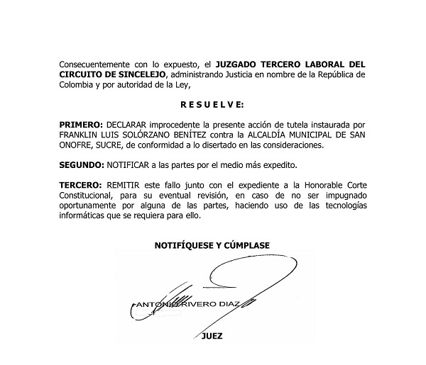 Declaran improcedente tutela contra Alcaldía de San Onofre