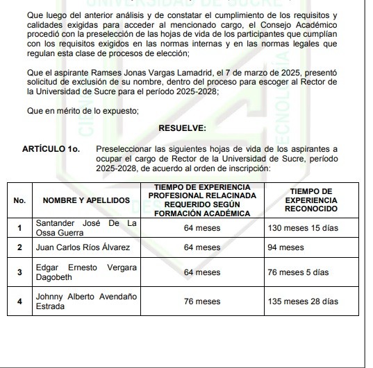 Consejo Académico de Unisucre preseleccionó cuatro hojas de vida para rector