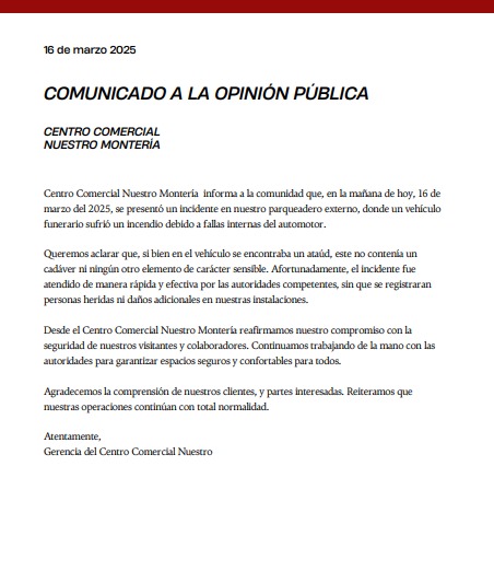 Centro Comercial Nuestro aclara causas de incendio