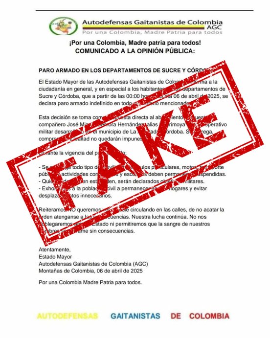 Panfleto del ‘Clan del Golfo’ es falso
