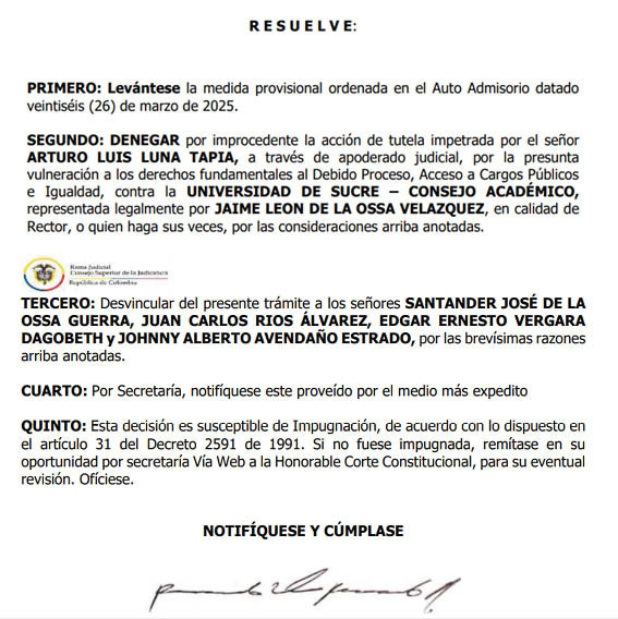 Juzgado levantó la medida contra el proceso de elección del rector de Unisucre