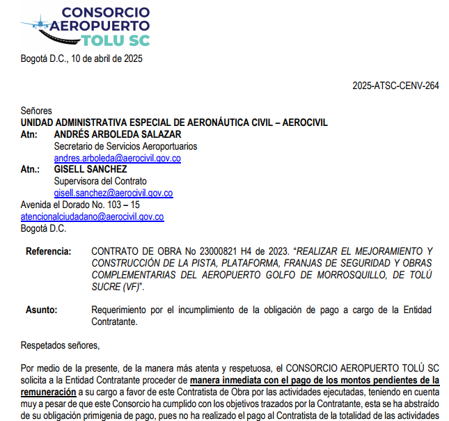 Aerocivil le debe al contratista del Aeropuerto de Tolú $10 mil millones