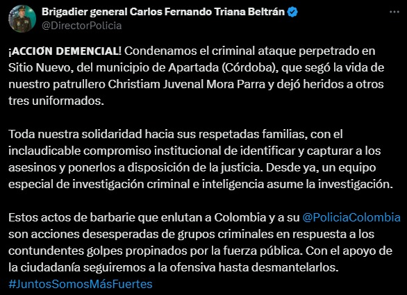 El director general de la Policía rechazó el atentado entre La Apartada y Ayapel