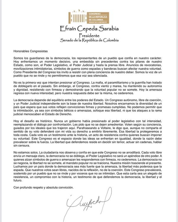Efraín Cepeda envió carta al congreso invitándolo a 'resistir'