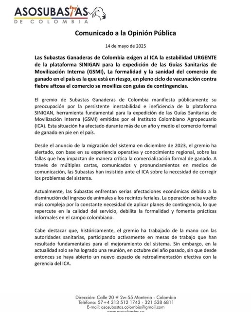 Gremios ganaderos exigen al ICA solución urgente por fallas en el Sinigan