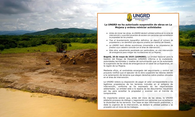 UNGRD ordena reiniciar obras en el Canal de la Esperanza