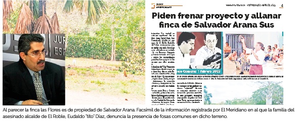 Solicitan información sobre fosas que estarían en finca del exgobernador Arana
