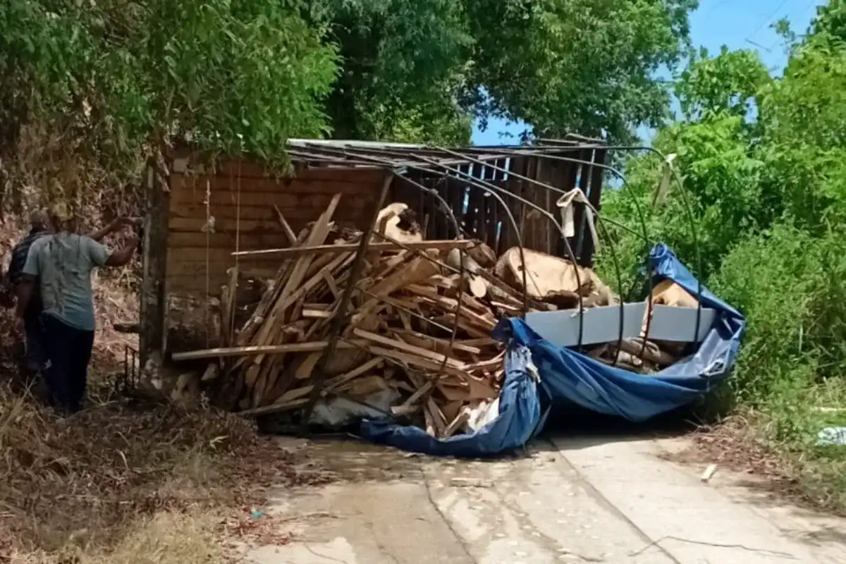 Camión cargado de madera quedó atravesado en la vía