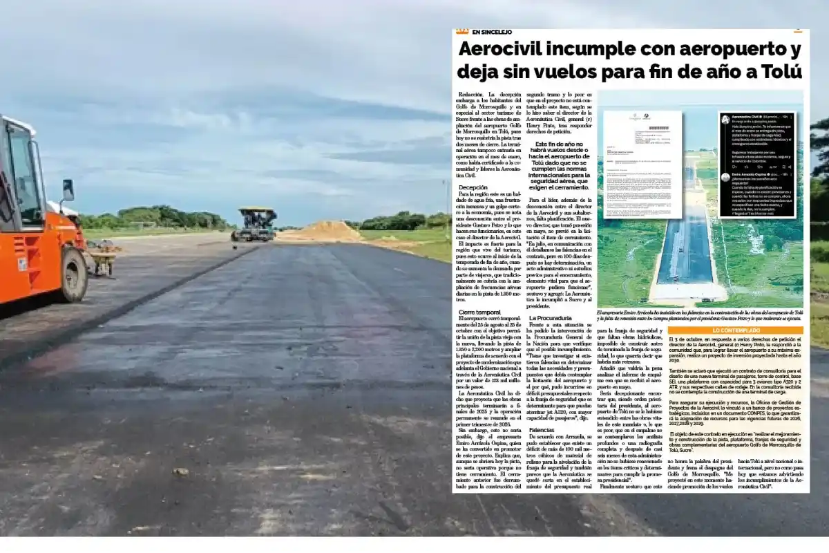 Aerocivil anuncia que la pista del aeropuerto de Tolú operará desde el 25 de noviembre