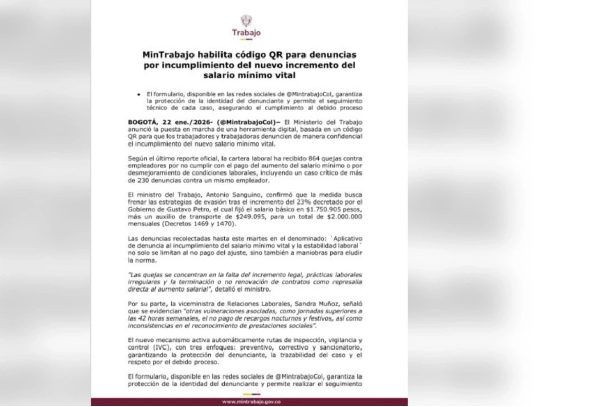 MinTrabajo habilita QR para denunciar incumplimientos del salario mínimo