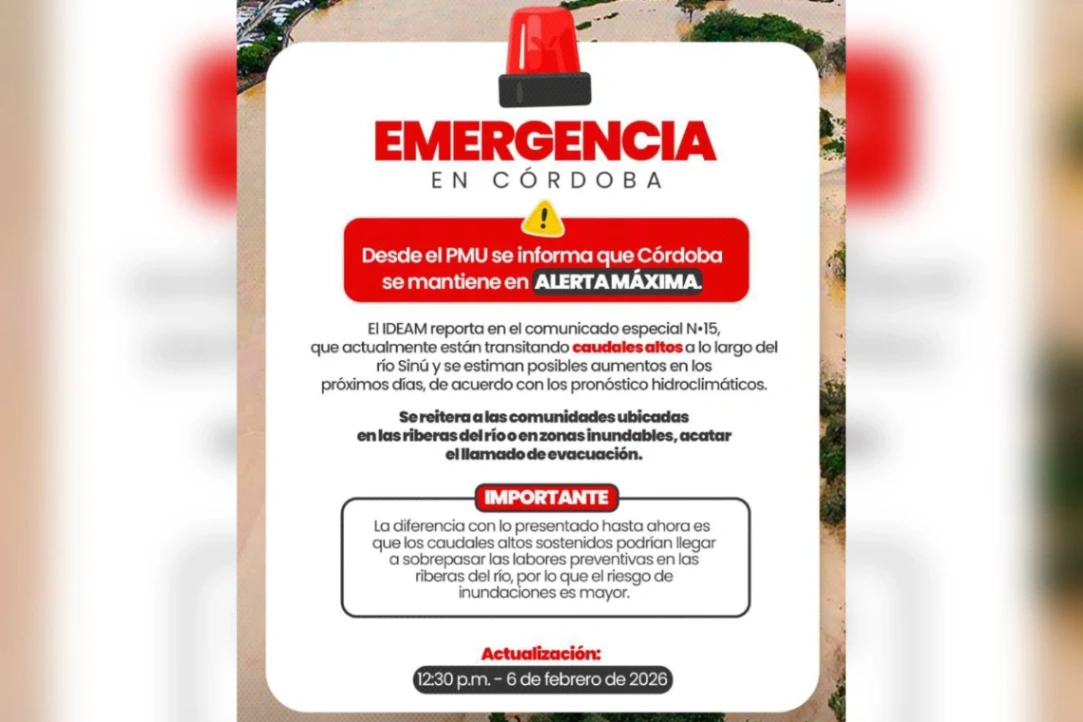 Córdoba en alerta máxima por crecida del río Sinú; piden evacuar