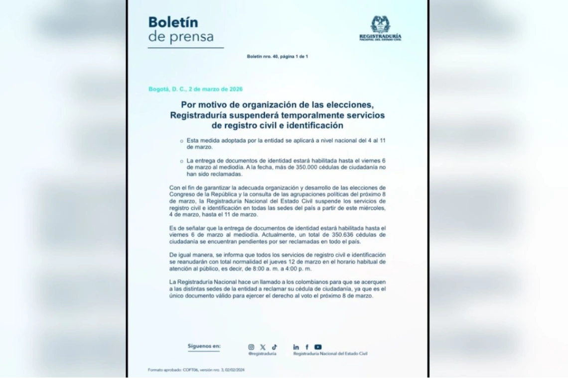 Registraduría suspende trámites de identificación por elecciones del 8 de marzo